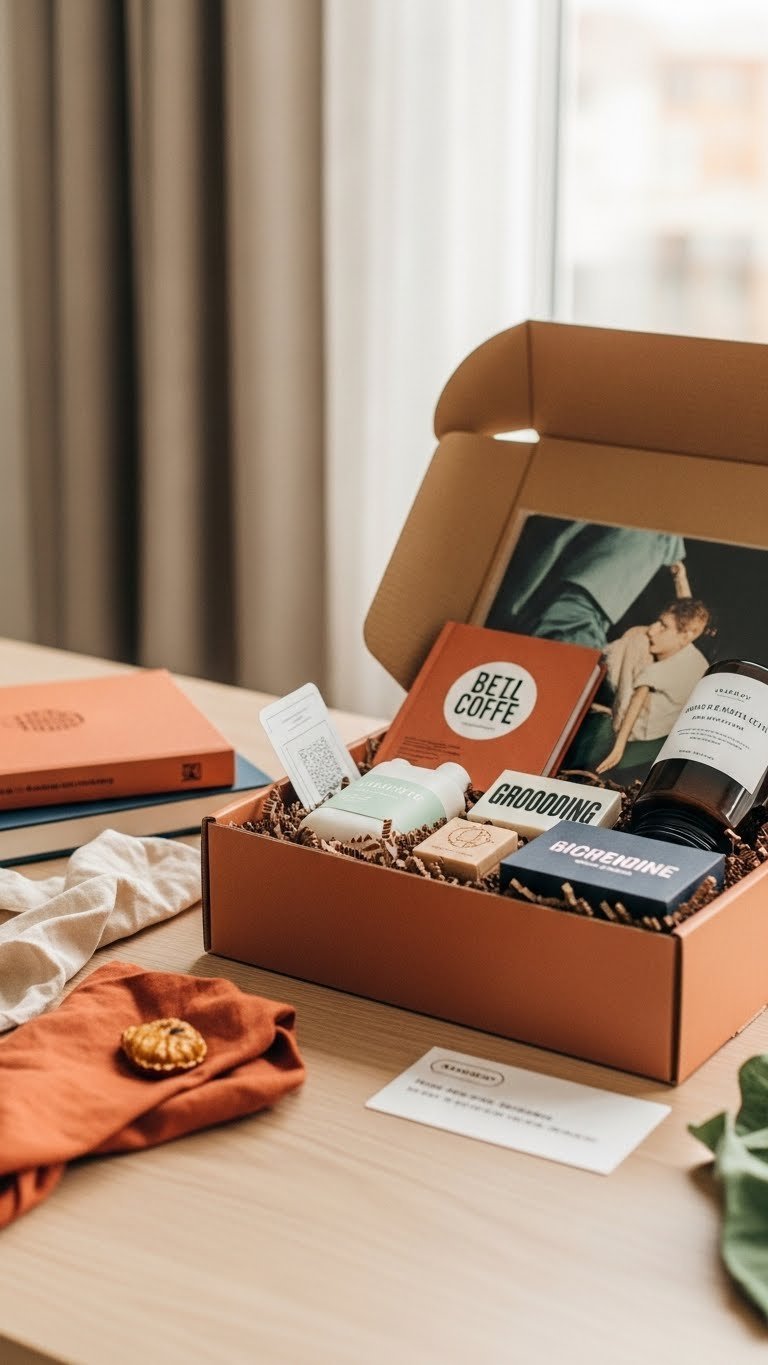 Curated subscription box unboxing scene revealing premium wrapped products arranged with crinkle paper accents.
