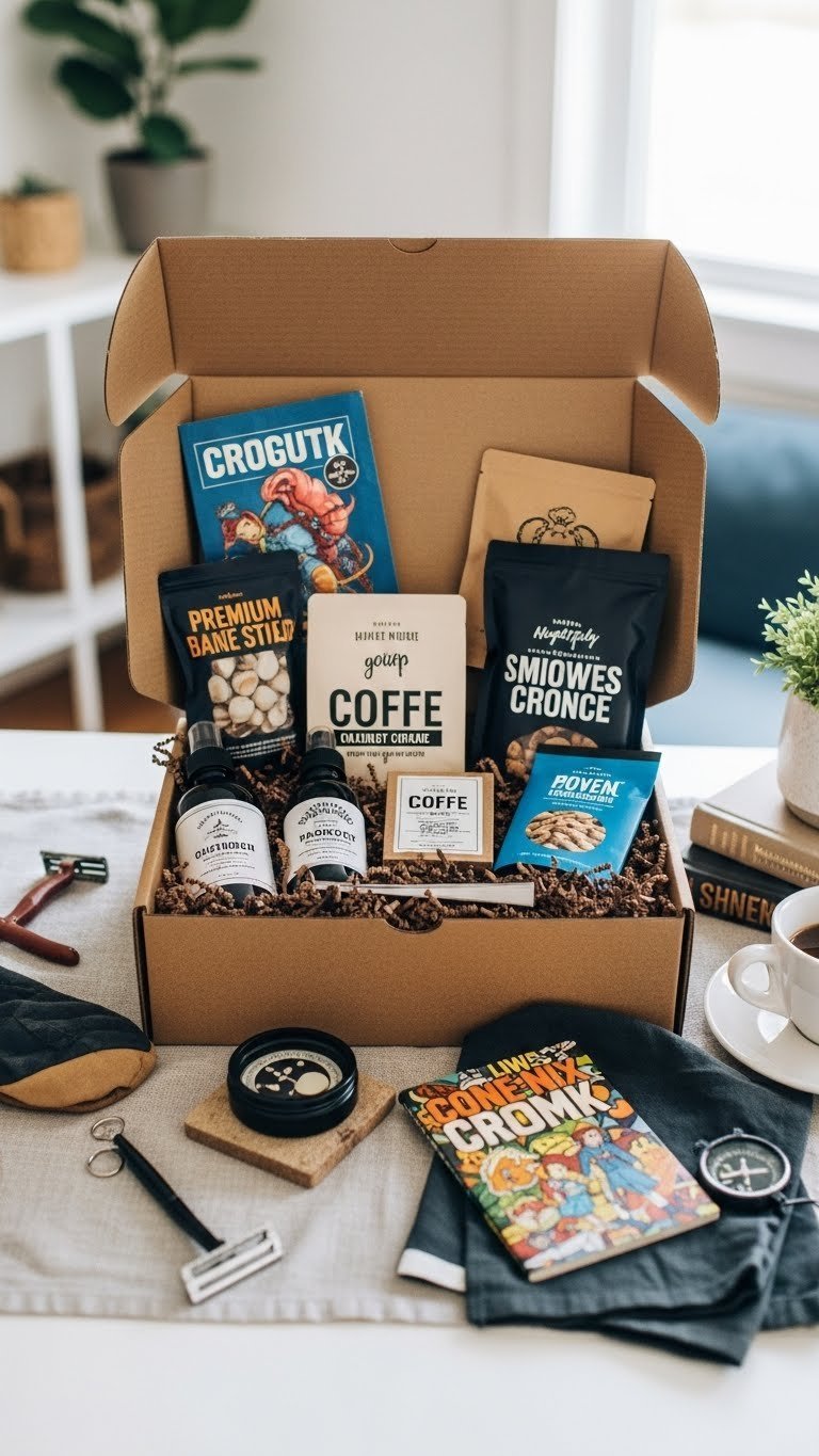 Curated subscription box with grooming products and artisanal snacks on light wooden table