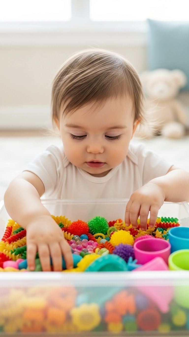 Curious toddler exploring sensory bin with colorful textures for tactile development and sensory exploration