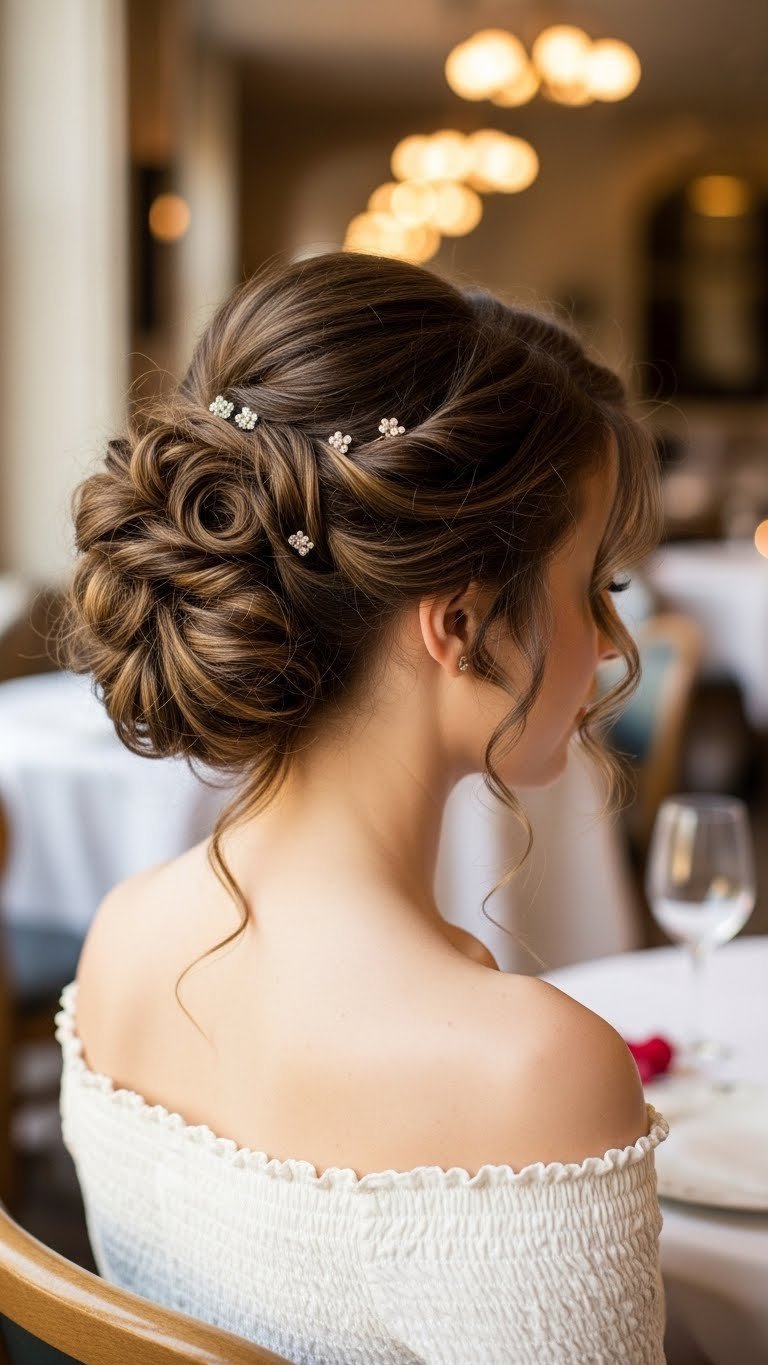 Curly side swept updo with shimmering hair clips in soft window light against romantic restaurant interior