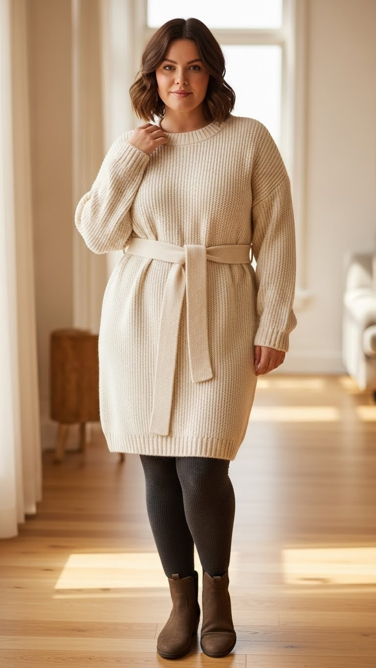 Curvy woman in a cream belted knit sweater dress, charcoal tights, and suede ankle boots, defining her waist in soft window light.