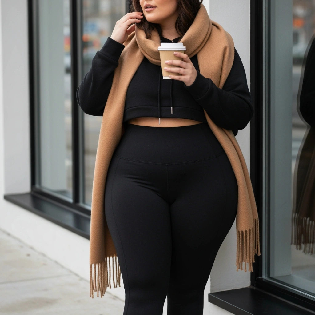 Curvy woman in black athleisure leggings, hoodie, and a camel scarf, grabbing coffee in soft natural light.