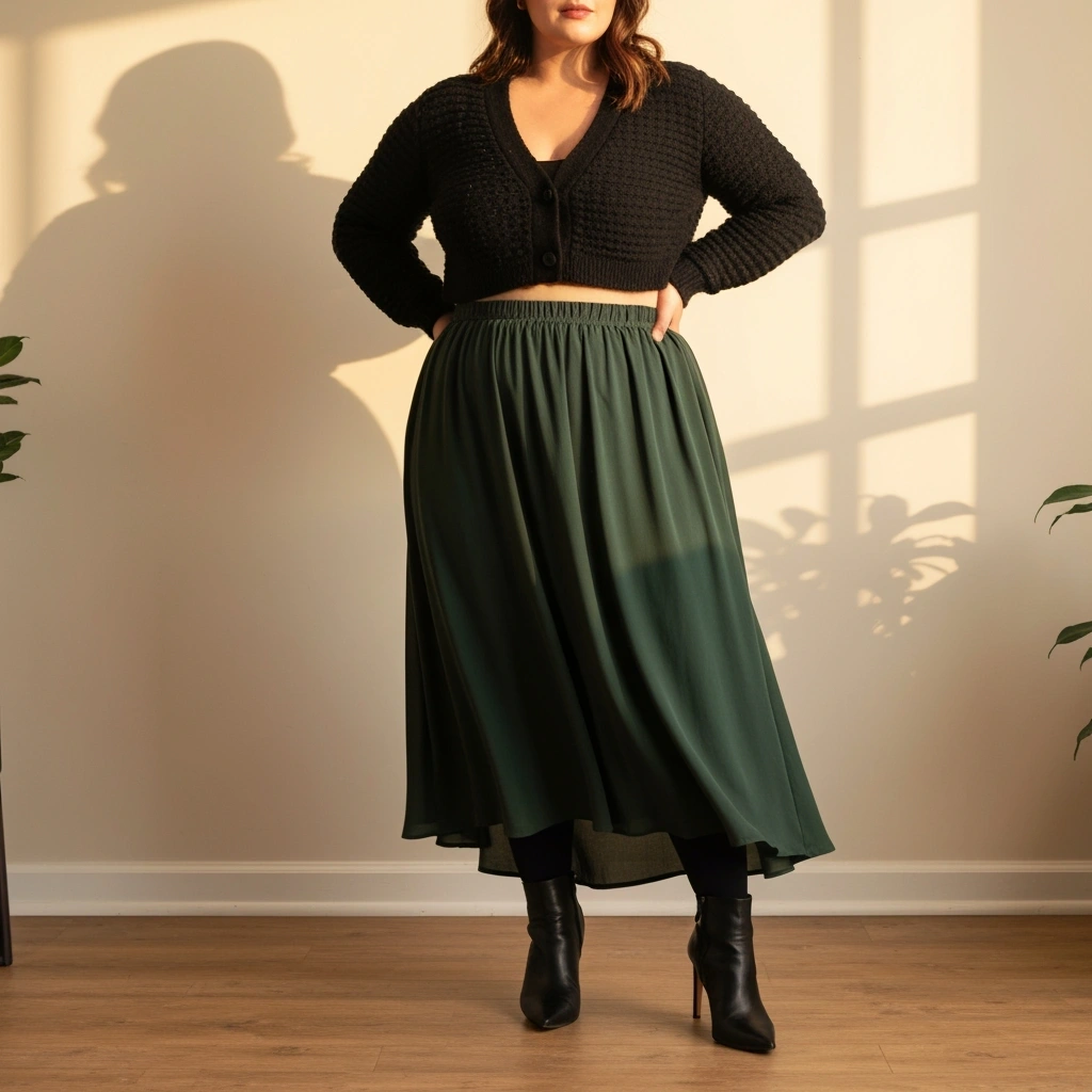 Curvy woman styles a green maxi skirt, black thermal tights, cropped cardigan, and ankle boots for versatile winter fashion.