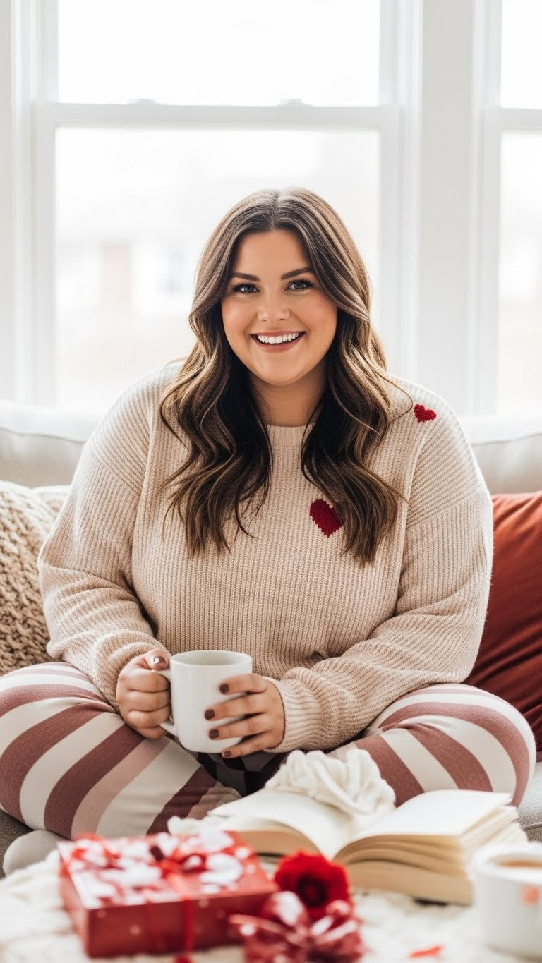 Curvy woman wearing cozy oversized Valentine's sweater with heart motif in comfortable home setting