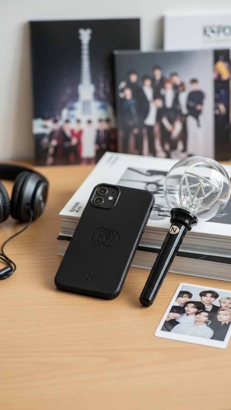 Custom K-pop merchandise including engraved phone case and lightstick arranged on light wooden desk with soft window lighting.