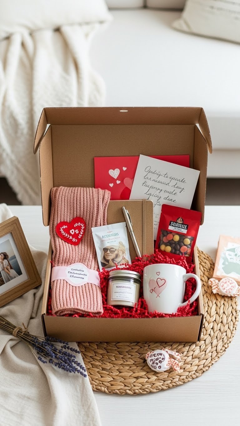 Custom Valentine's Day care package box with cozy scarf, journal, snacks, and scented candle on light surface