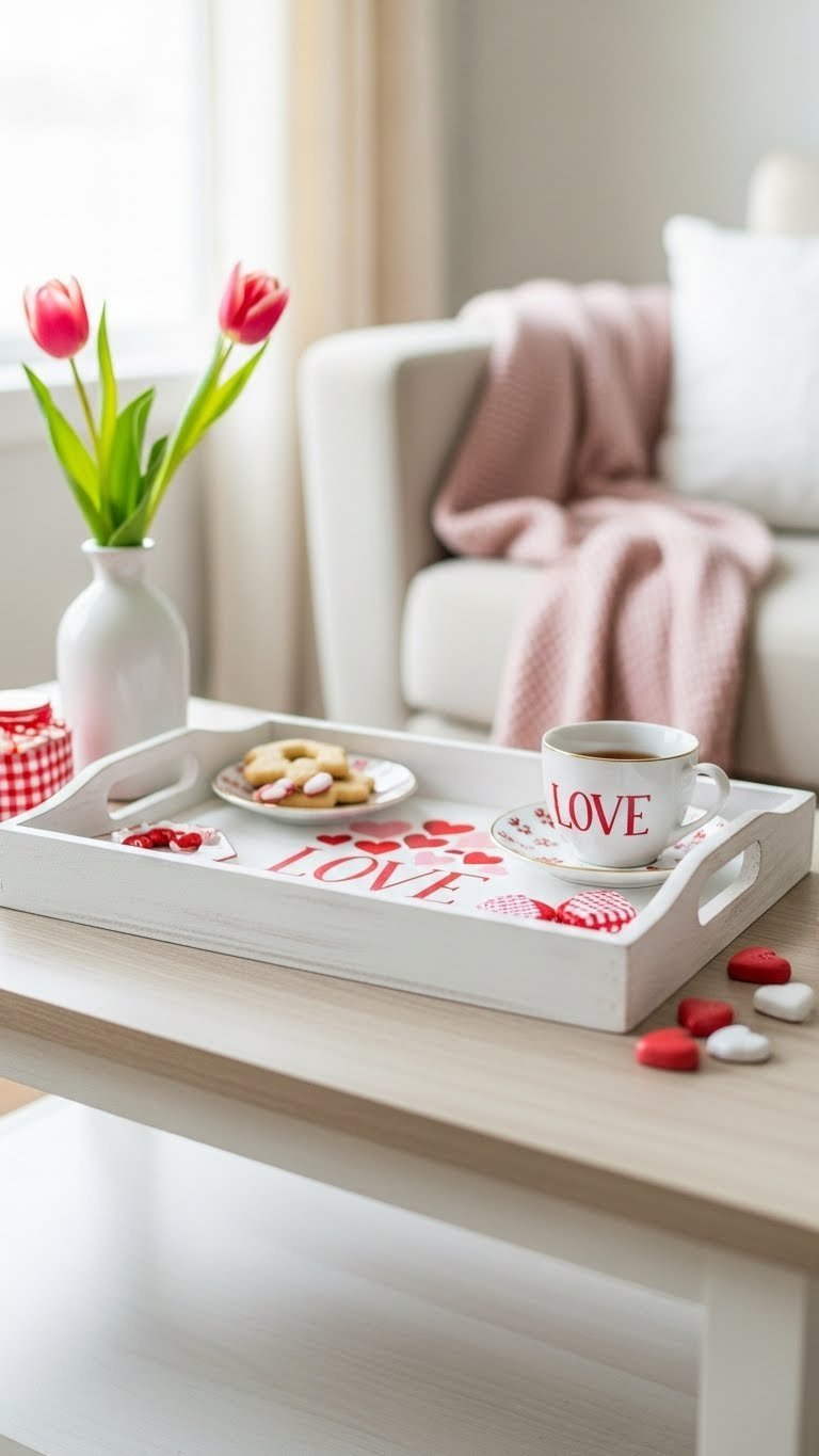 Custom Valentine's Day wood tray with hand-painted hearts holding teacup and cookies on wooden coffee table