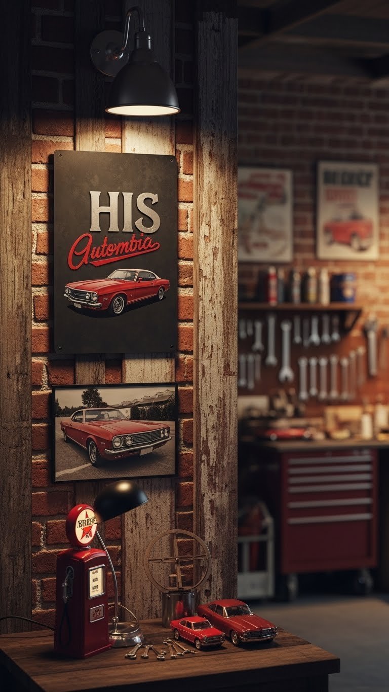 Custom automotive-themed metal wall art displayed on brick wall with vintage tools and miniature cars in warm golden hour lighting.