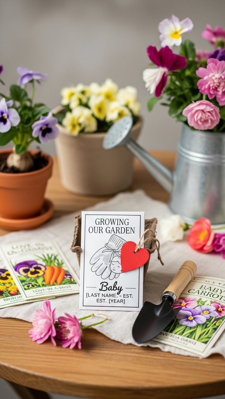 Custom baby seed packet nestled among flower seeds with tiny gardening gloves on rustic wooden table.