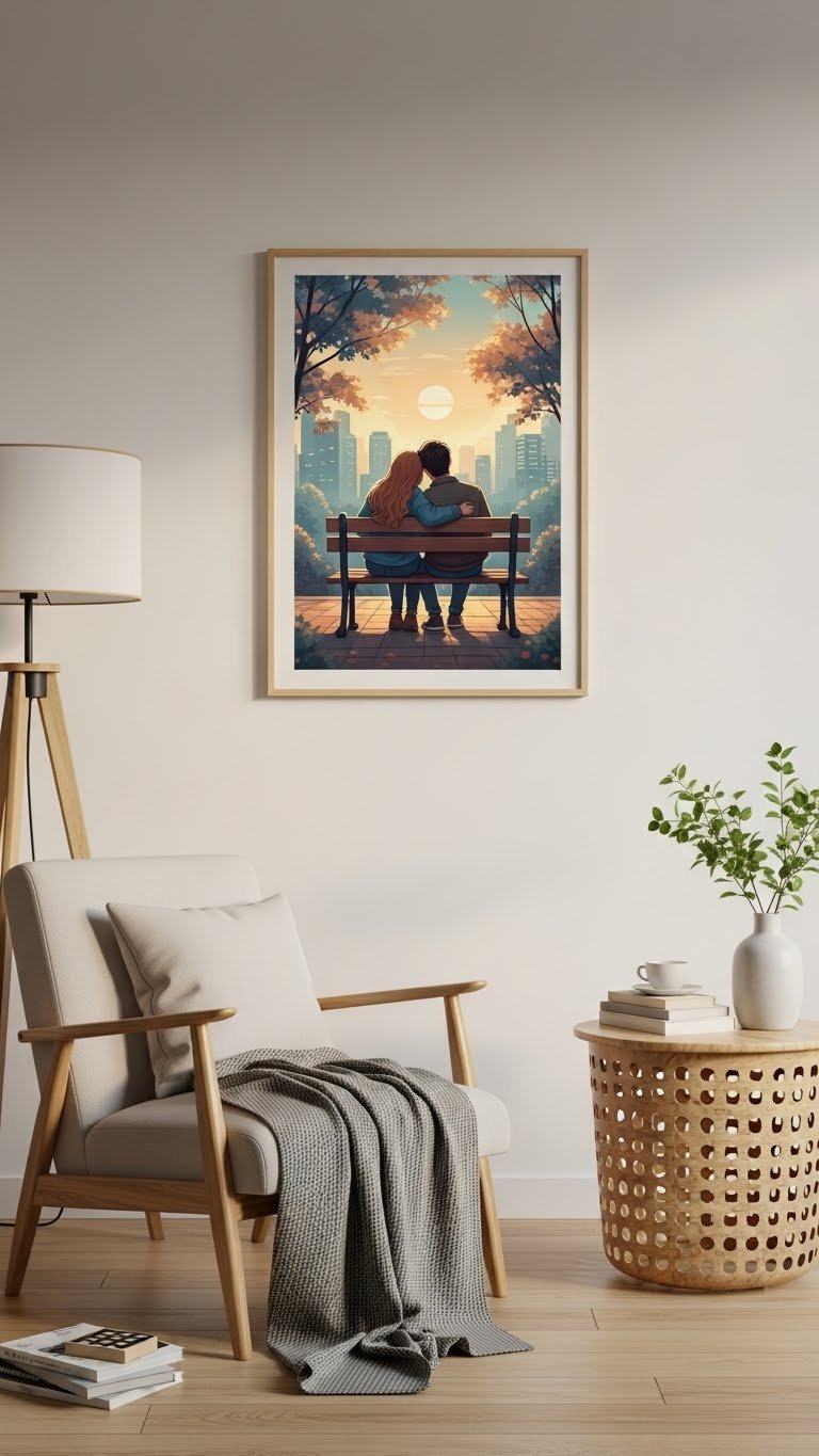 Custom couple illustration artwork in modern frame displayed on light-colored wall in cozy living room setting