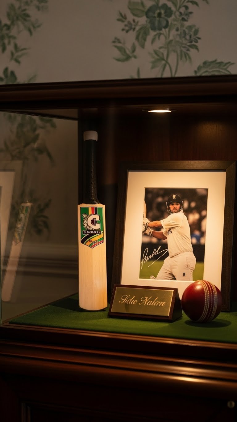 Custom engraved cricket bat and signed player photo elegantly displayed in dark wooden display case with soft natural lighting