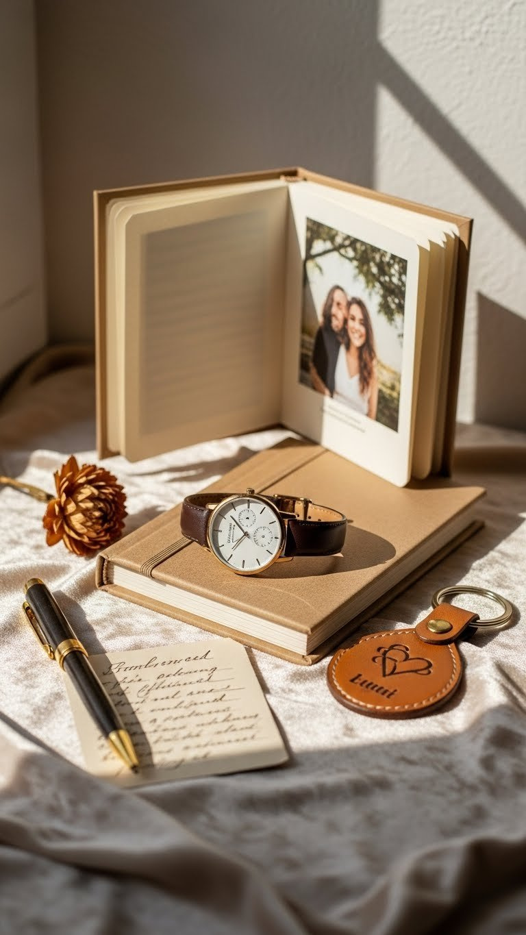 Custom-engraved watch on velvet cloth with personalized leather keychain and photo album