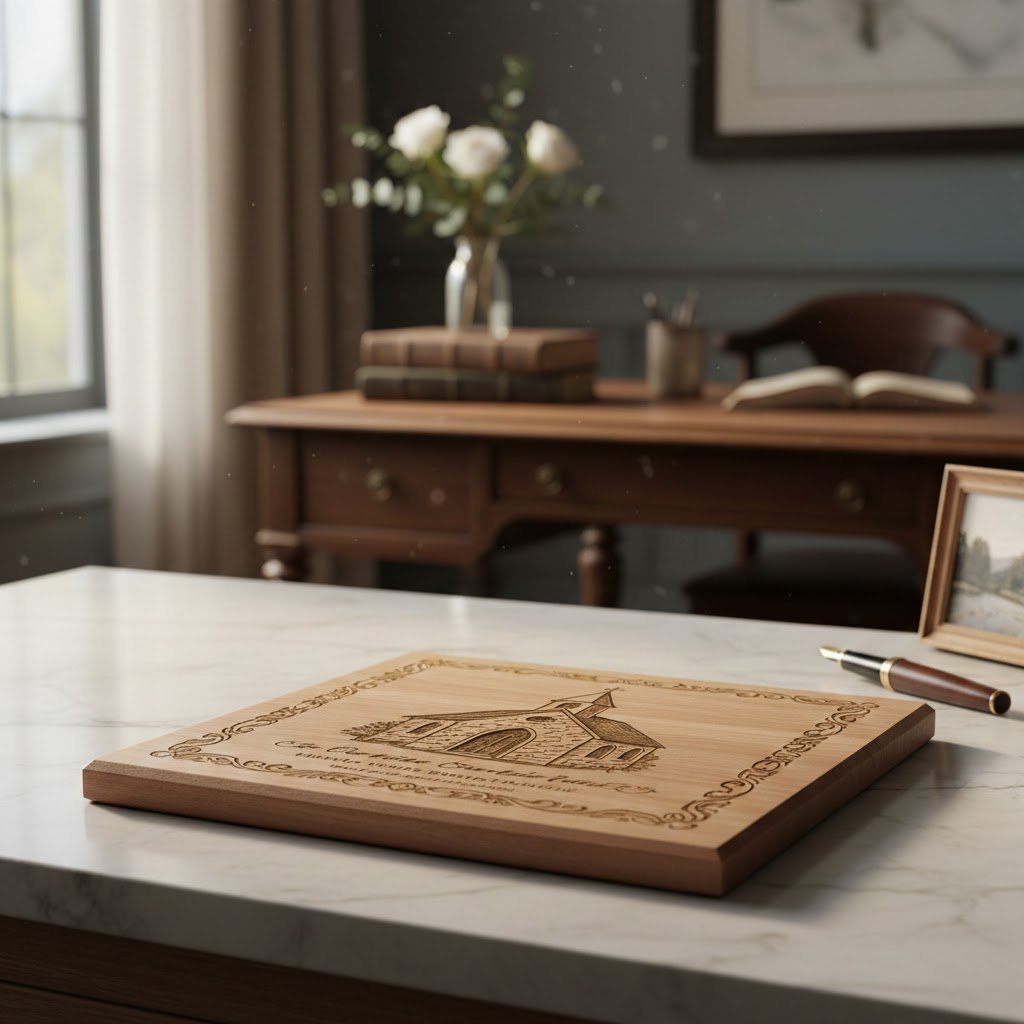 Custom engraved wooden plaque or church painting displayed elegantly on marble surface