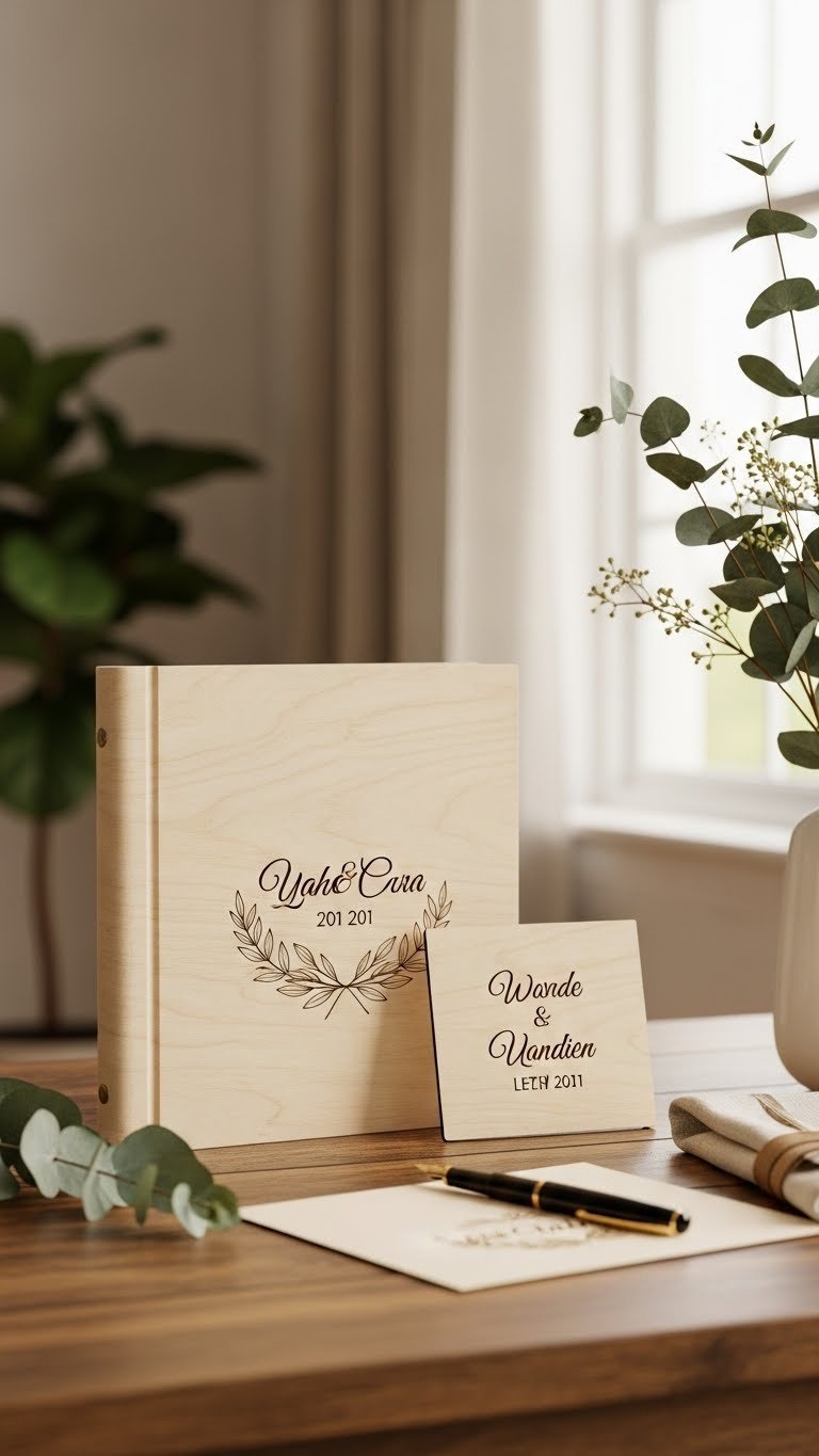 Custom engraved wooden wedding album with couple's names displayed on rustic table surrounded by eucalyptus and soft natural lighting
