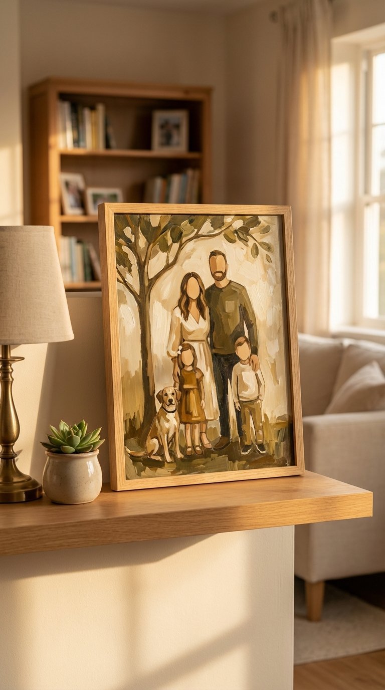 Custom family portrait artwork elegantly framed on minimalist wall shelf with warm golden hour lighting.