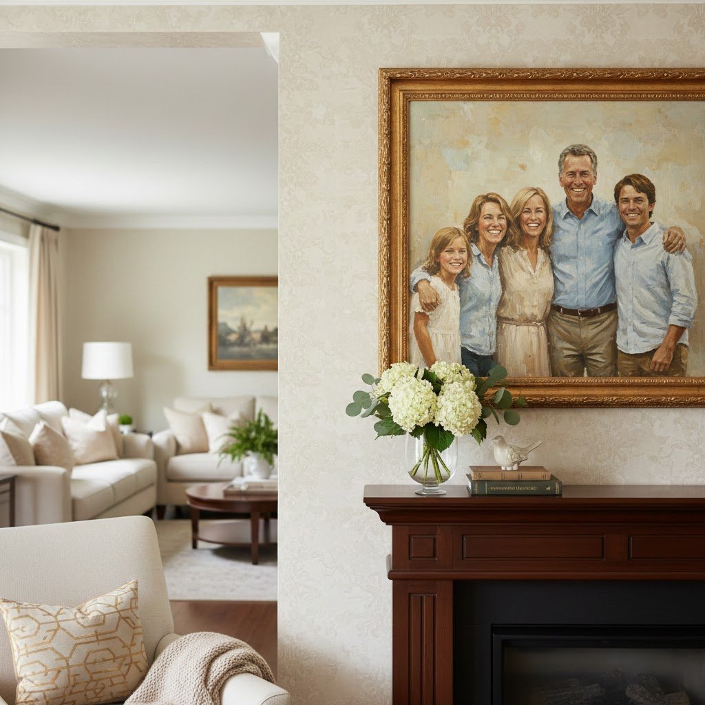 Custom family portrait in oil painting style hung above cozy fireplace mantel with decorative objects