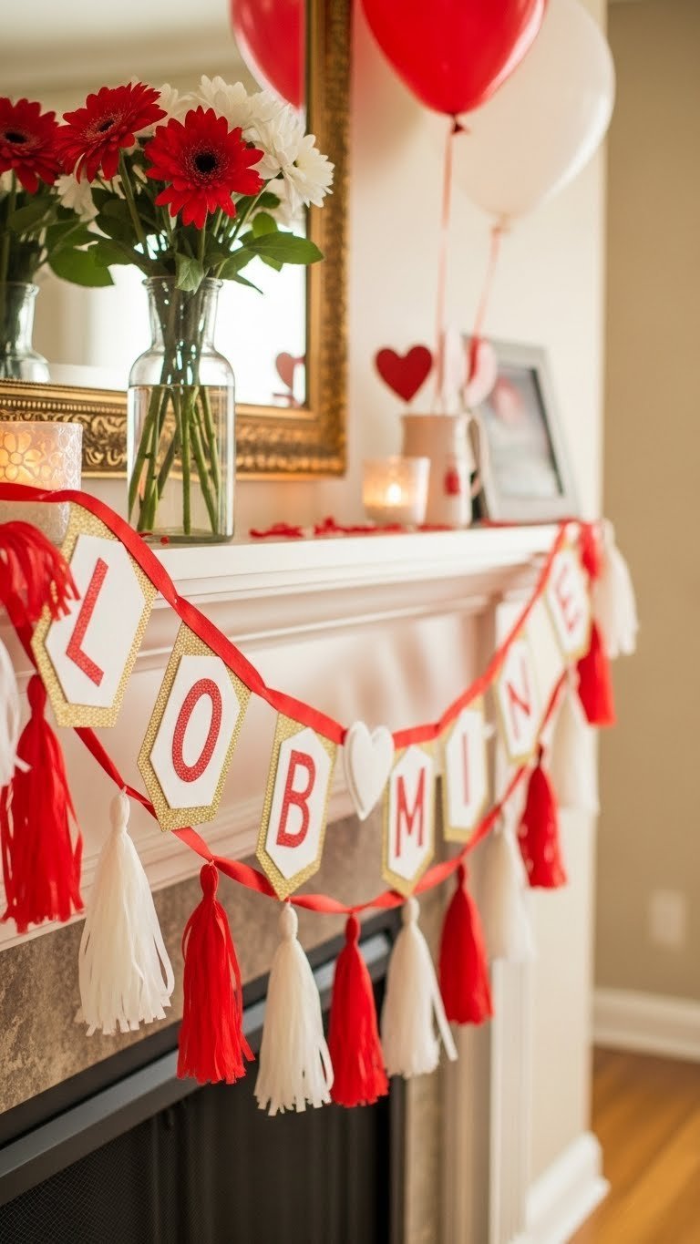 Custom garland banners spelling LOVE with glitter cardstock letters draped across mantle