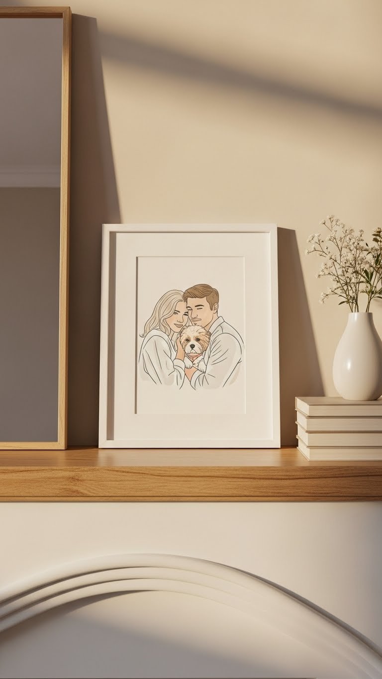 Custom illustrated portrait in wooden frame on mantelpiece with soft ambient lighting and vase