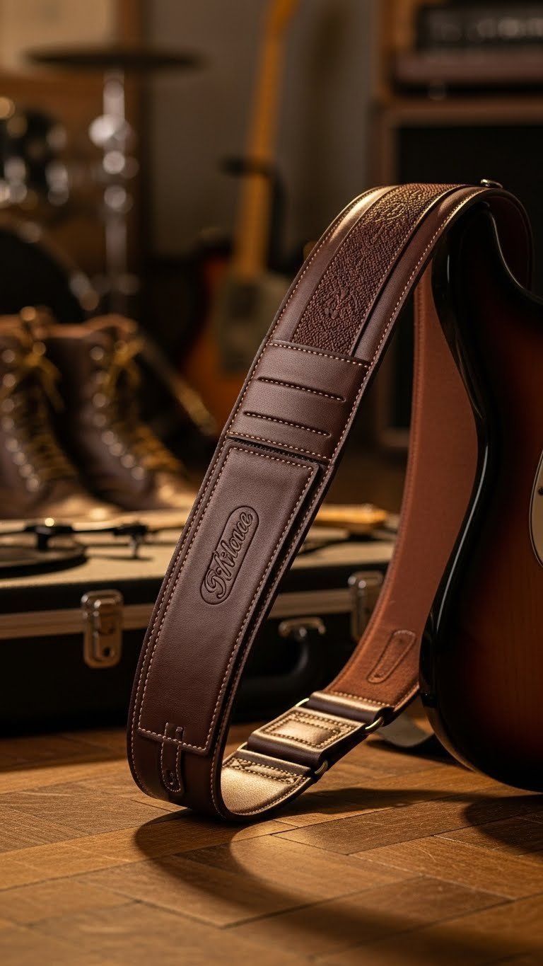 Custom leather guitar strap draped over electric guitar with embossed design on vintage wooden floor studio setting.