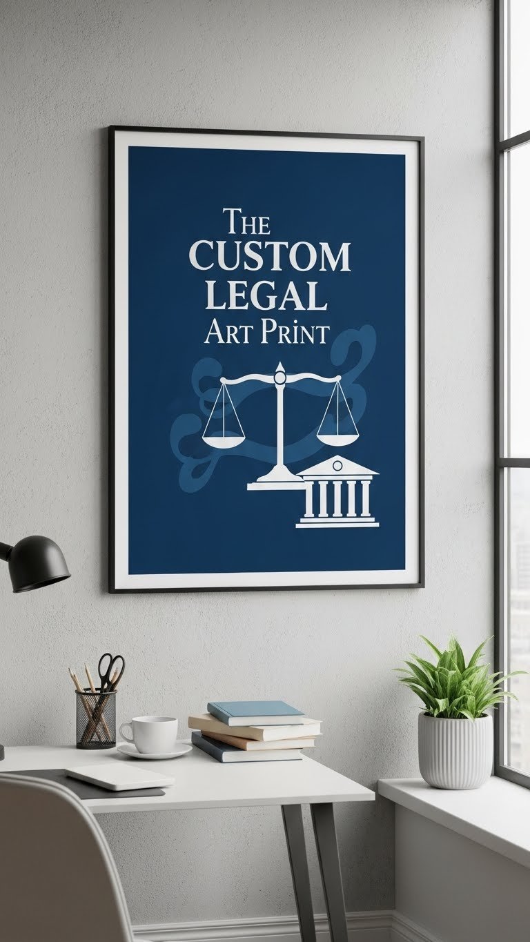 Custom legal art print in modern frame hanging on textured wall in contemporary office interior