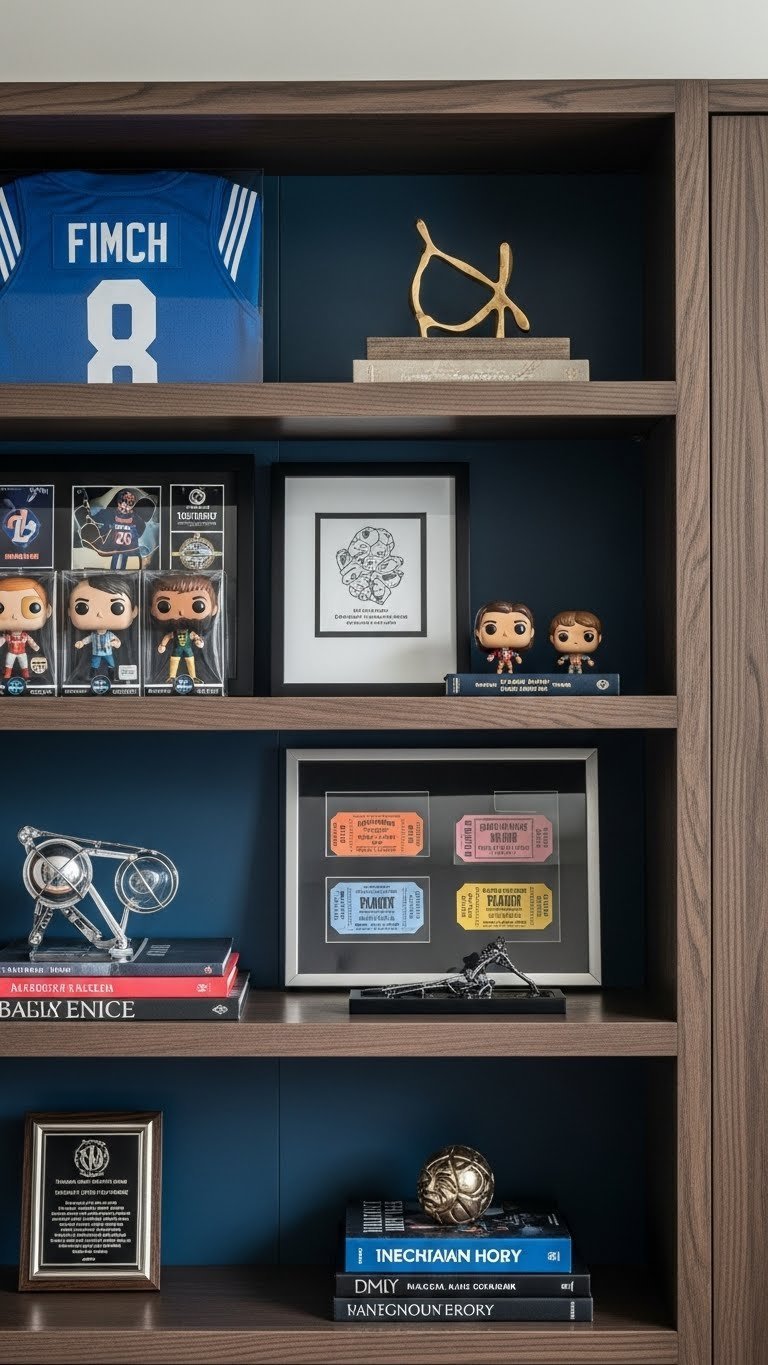 Custom memorabilia display shelf showcasing sports collectibles and framed achievements with dramatic lighting