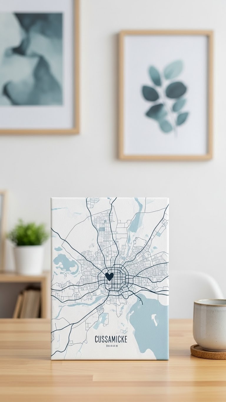 Custom minimalist map art canvas with city highlighted by discreet heart marker in monochromatic blue and white palette.
