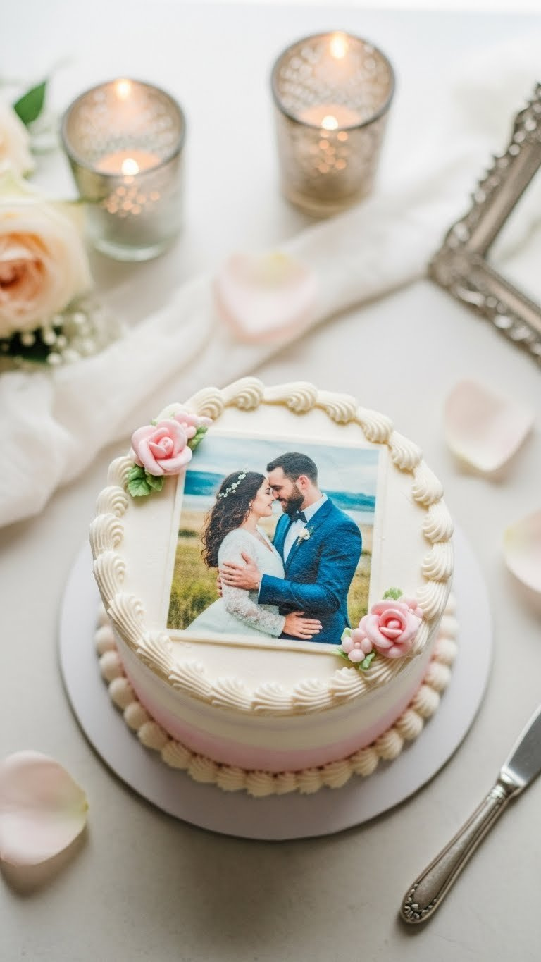 Custom photo cake with edible romantic photograph print and piped borders on elegant table setting