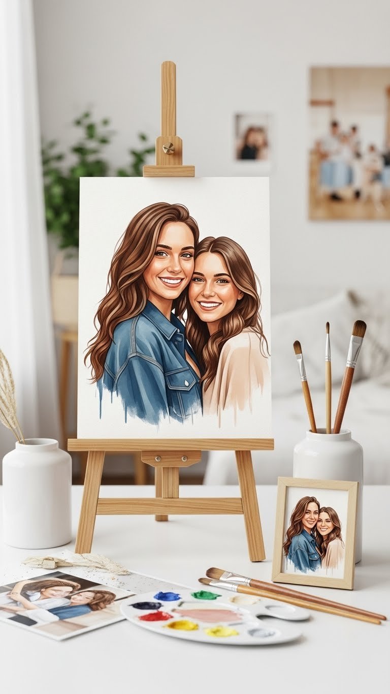 Custom portrait painting displayed on easel in artistic studio setting with soft natural lighting