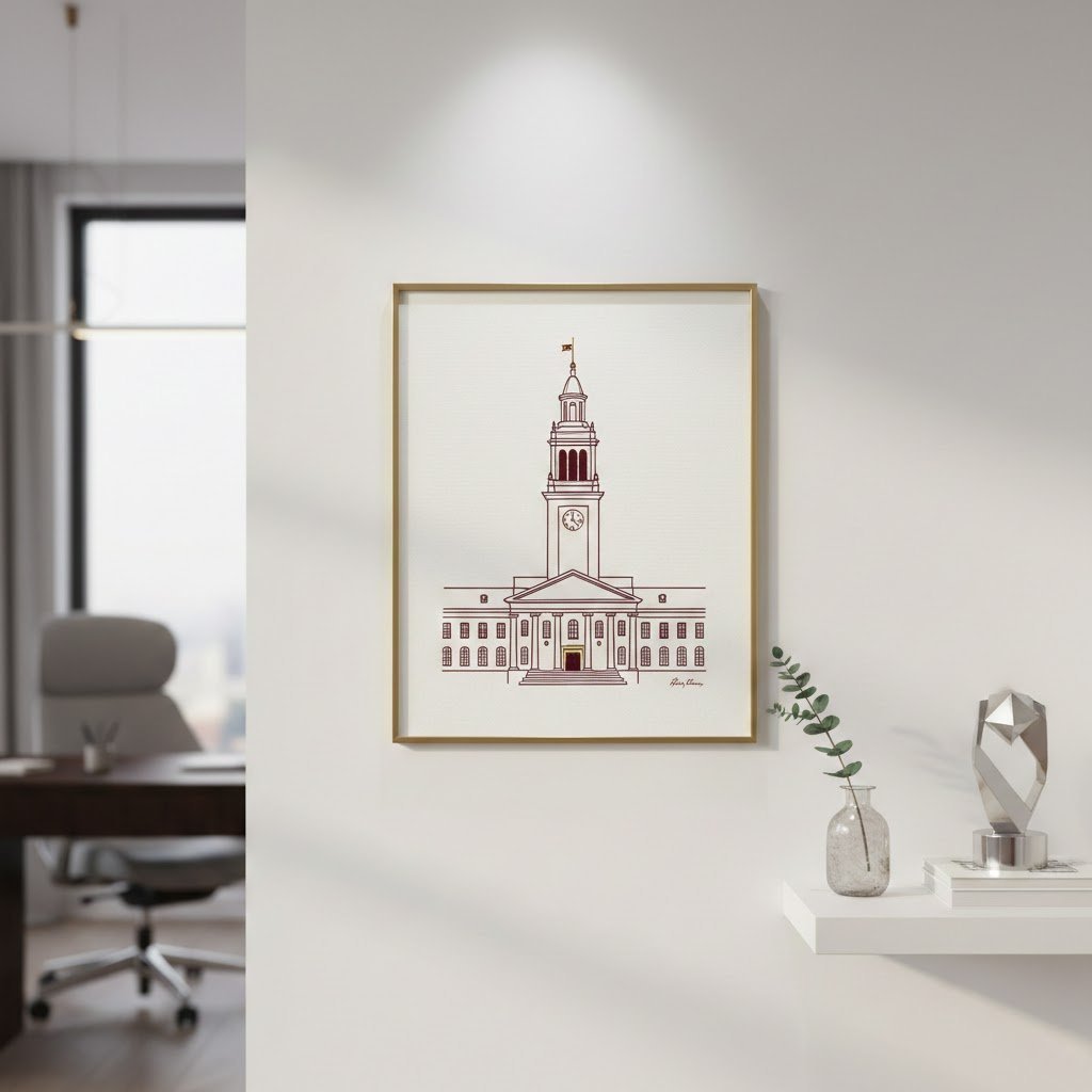 Custom school spirit art piece in watercolor style displayed on clean white wall in modern office environment