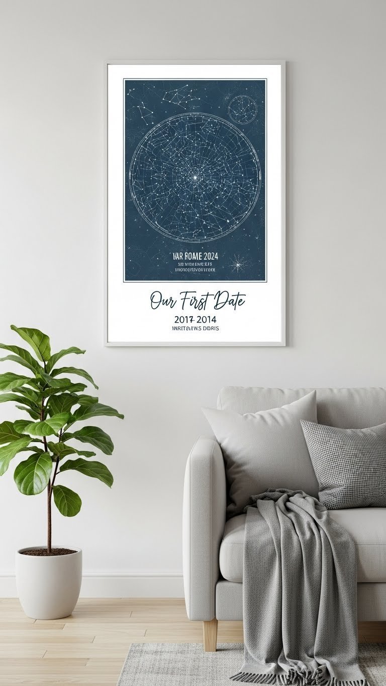 Custom star map art print in modern frame displayed on minimalist wall with celestial arrangement and decorative elements