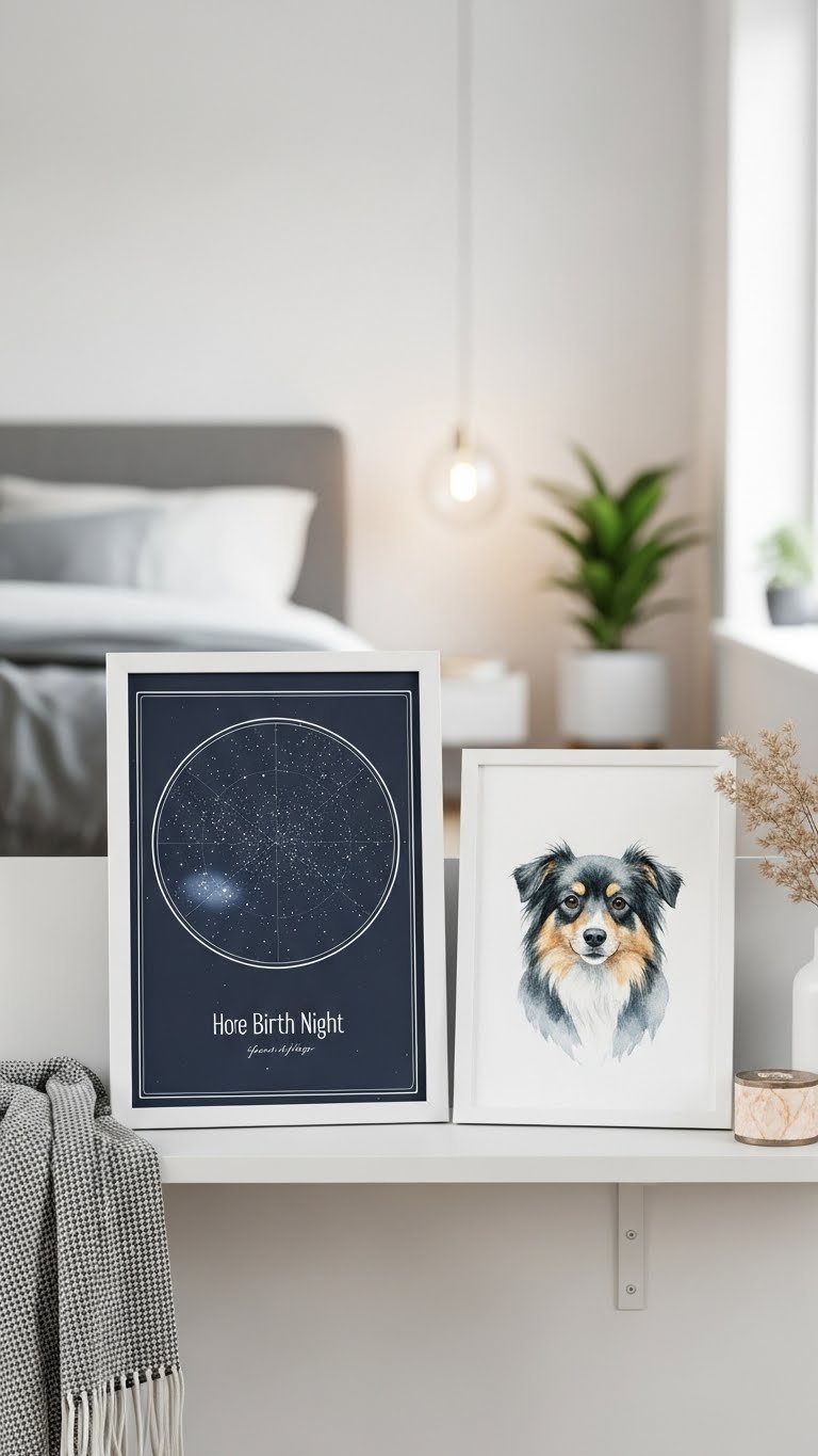 Custom star map artwork displayed on minimalist white shelf with warm ambient lighting