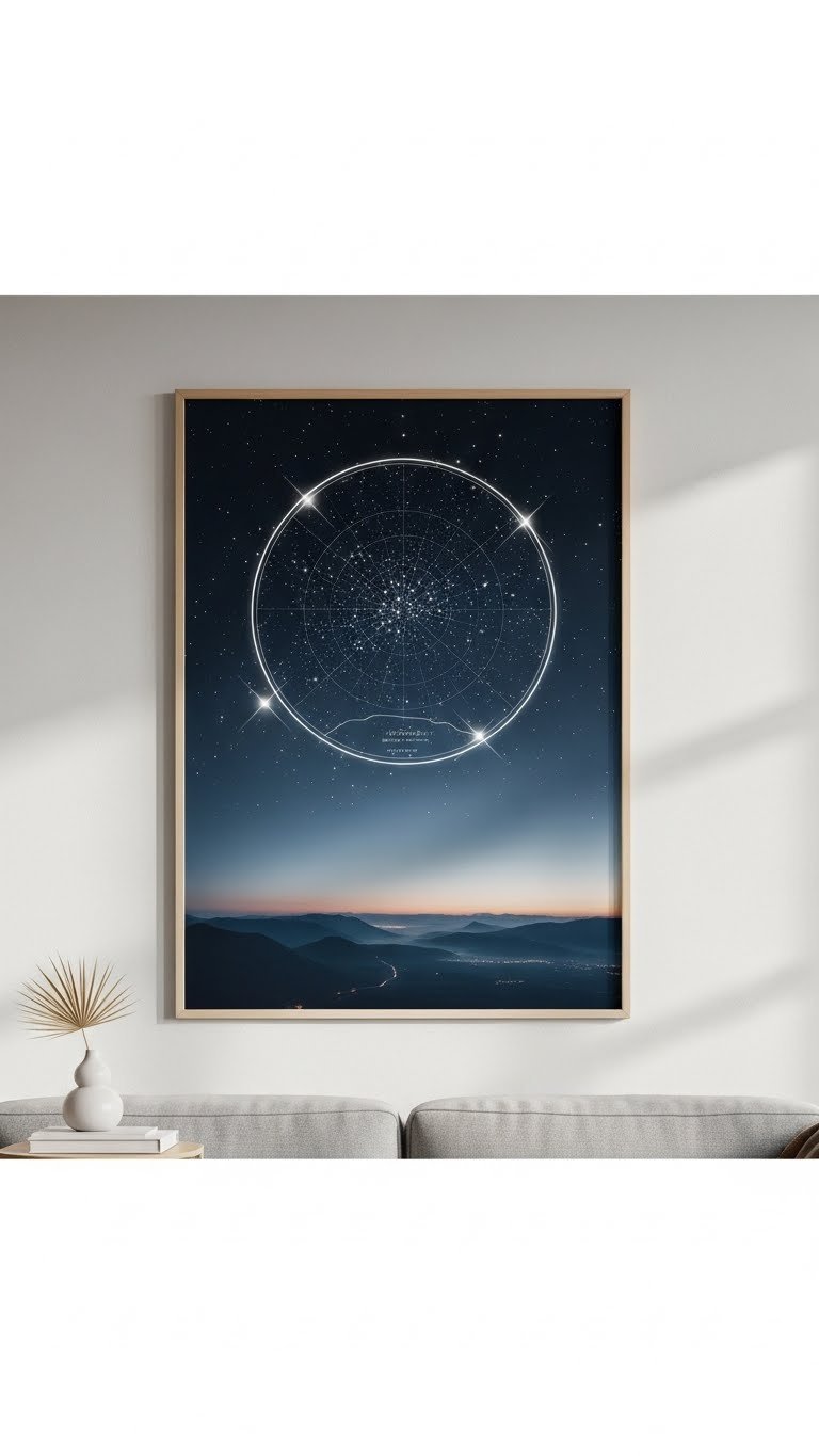 Custom star map displayed on neutral wall with sparkling starlight effects in minimalist modern living room setting