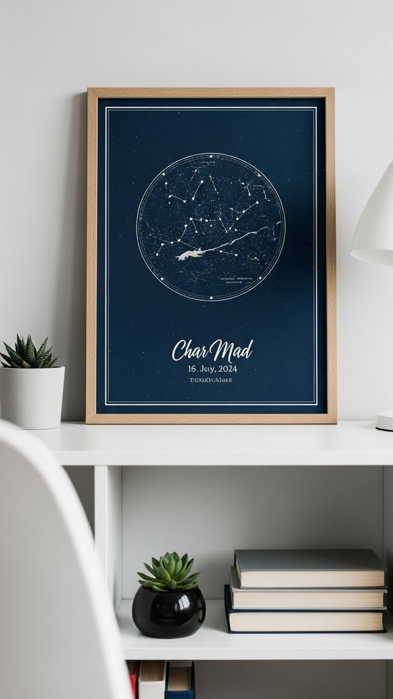 Custom star map in minimalist frame showing night sky constellations on modern shelf with succulent and books background
