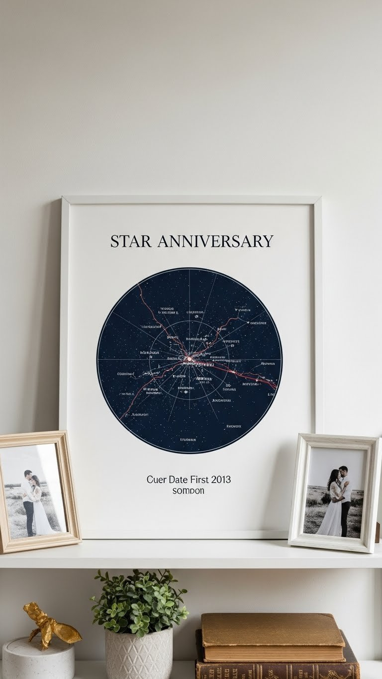 Custom star map print showcasing night sky on significant date, displayed on shelf with sentimental decor items