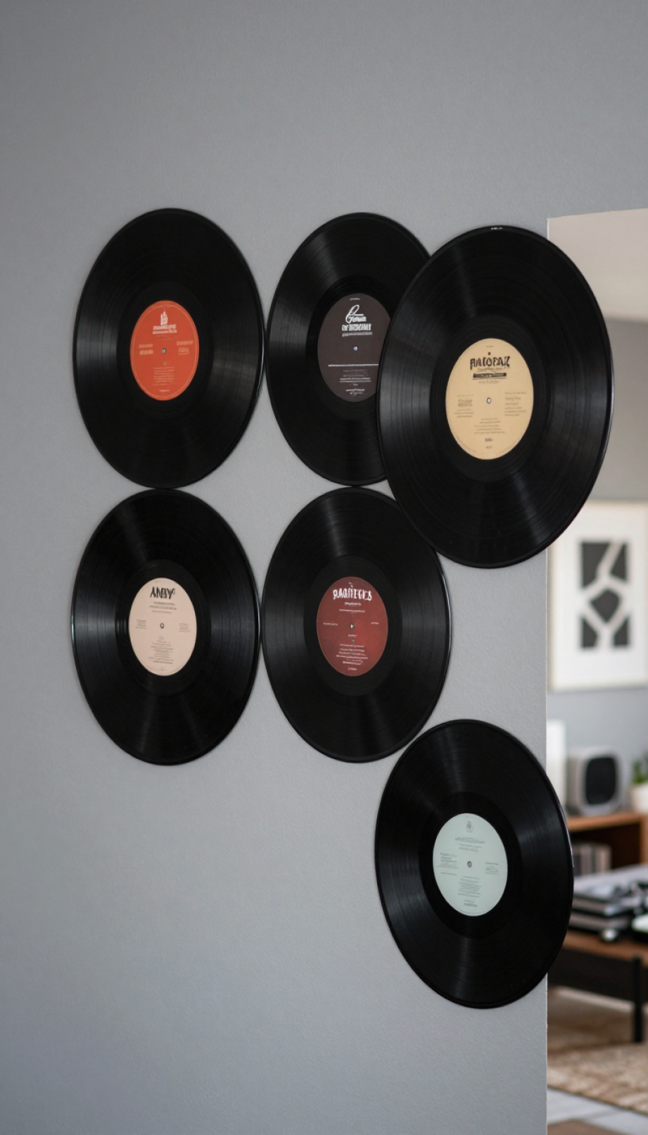 Custom vinyl record wall art display with classic albums arranged creatively on textured gray wall.