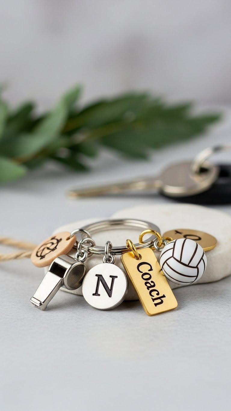 Custom volleyball coach keychain with miniature charm and engraved tag isolated on smooth stone surface