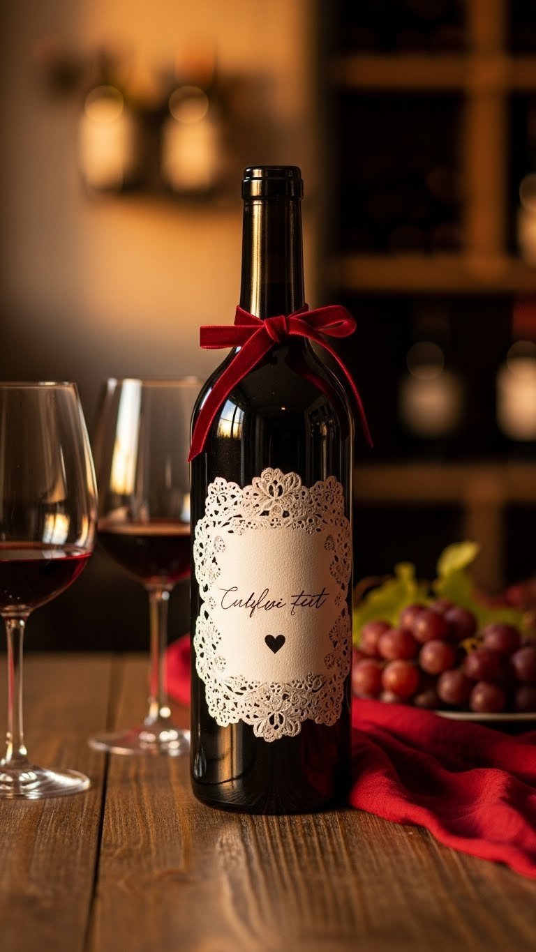 Customized wine bottle with decorative label and floral decoupage on rustic wooden table with wine glasses and grapes.
