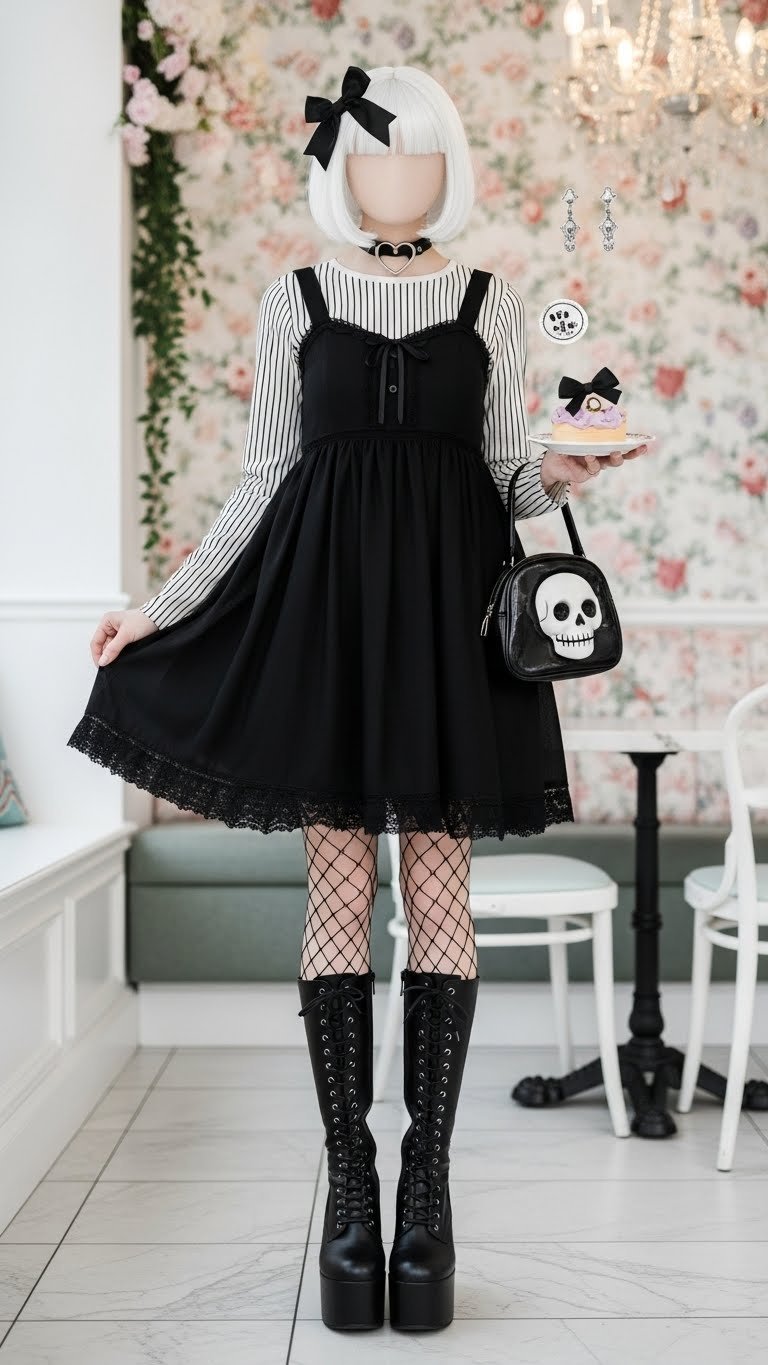 Cute goth girl in black babydoll dress with heart choker in whimsical pastel-goth cafe with floral backdrop