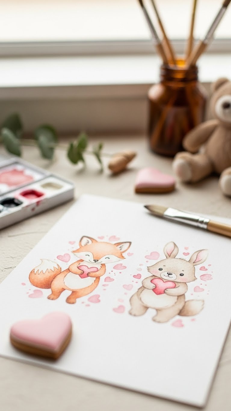 Cute watercolor Valentine animals like foxes and rabbits holding hearts on textured paper background