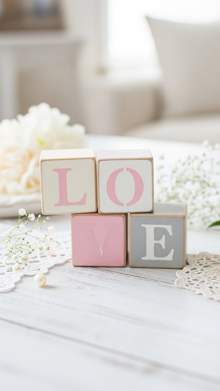DIY LOVE wooden block sign with cream, pink, and grey blocks arranged askew on whitewashed wooden surface