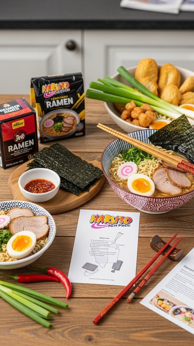 DIY Naruto ramen kit ingredients artfully arranged on rustic wooden table with authentic ramen bowl