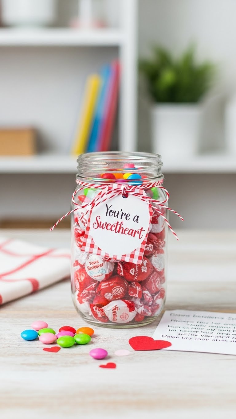 DIY Valentine's Day treat jar filled with colorful candies in clear mason jar with rustic twine decoration for teachers.