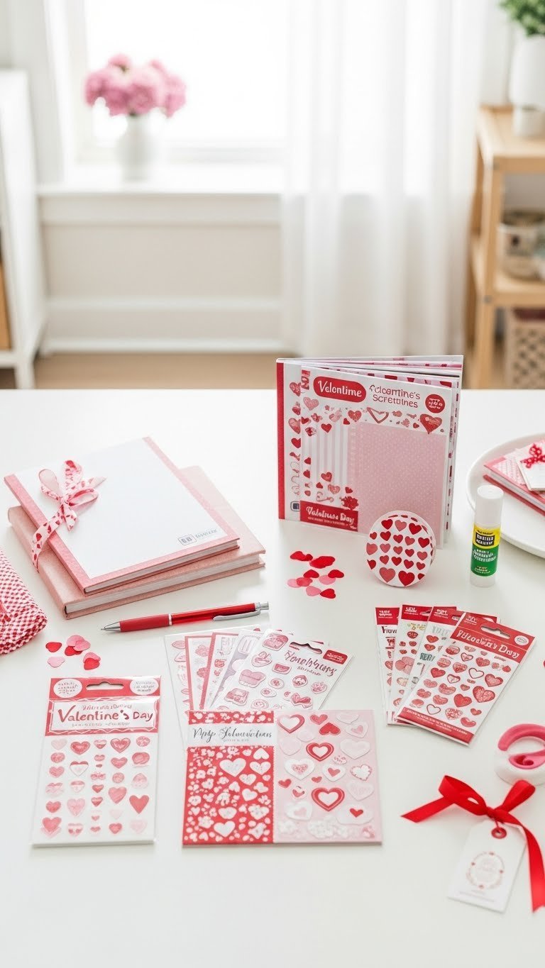 DIY Valentine's scrapbook kit with themed papers, stickers, and craft supplies neatly arranged