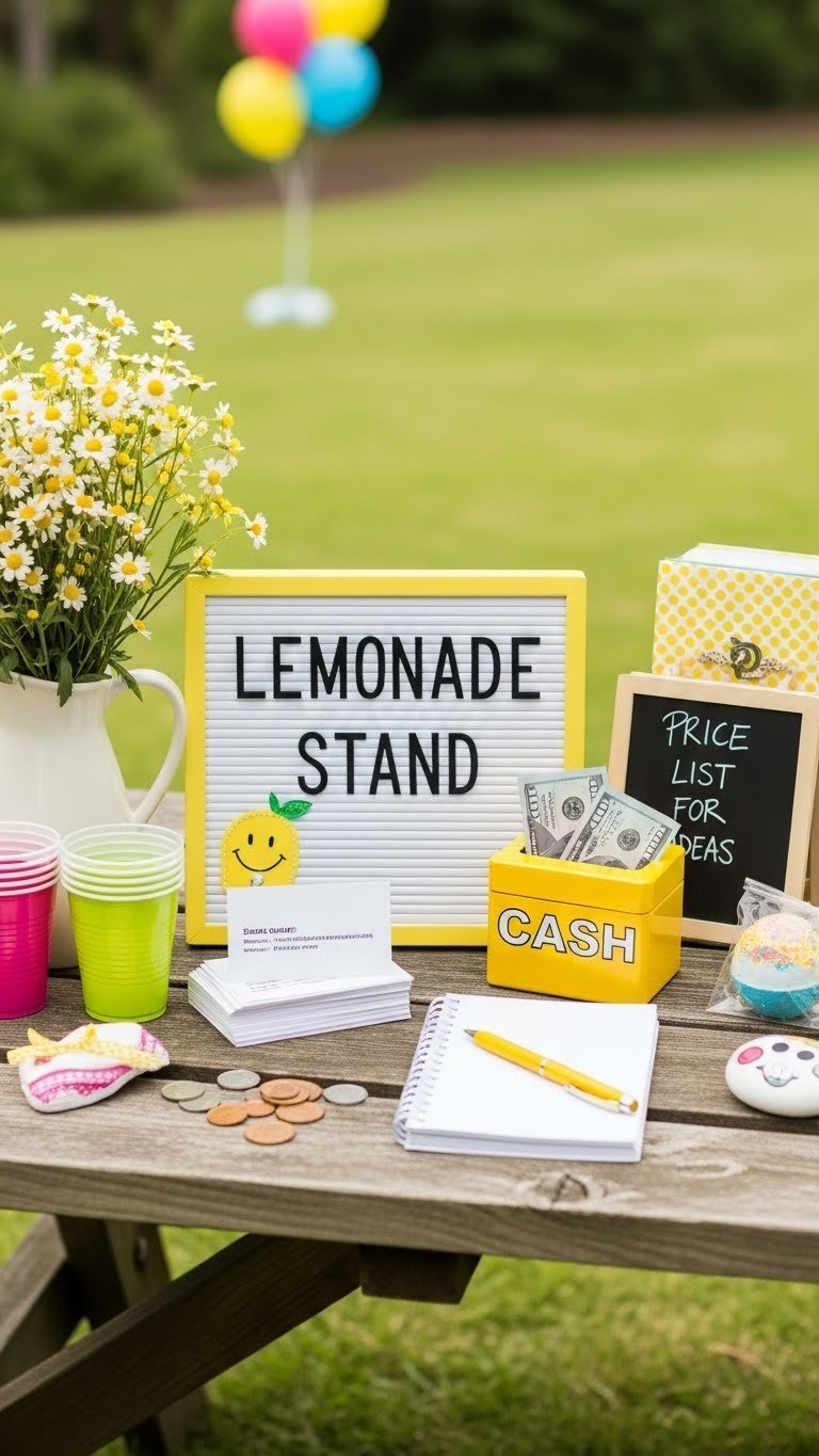 DIY business kit featuring lemonade stand sign, blank business cards, cash box, and homemade products on rustic wooden table.