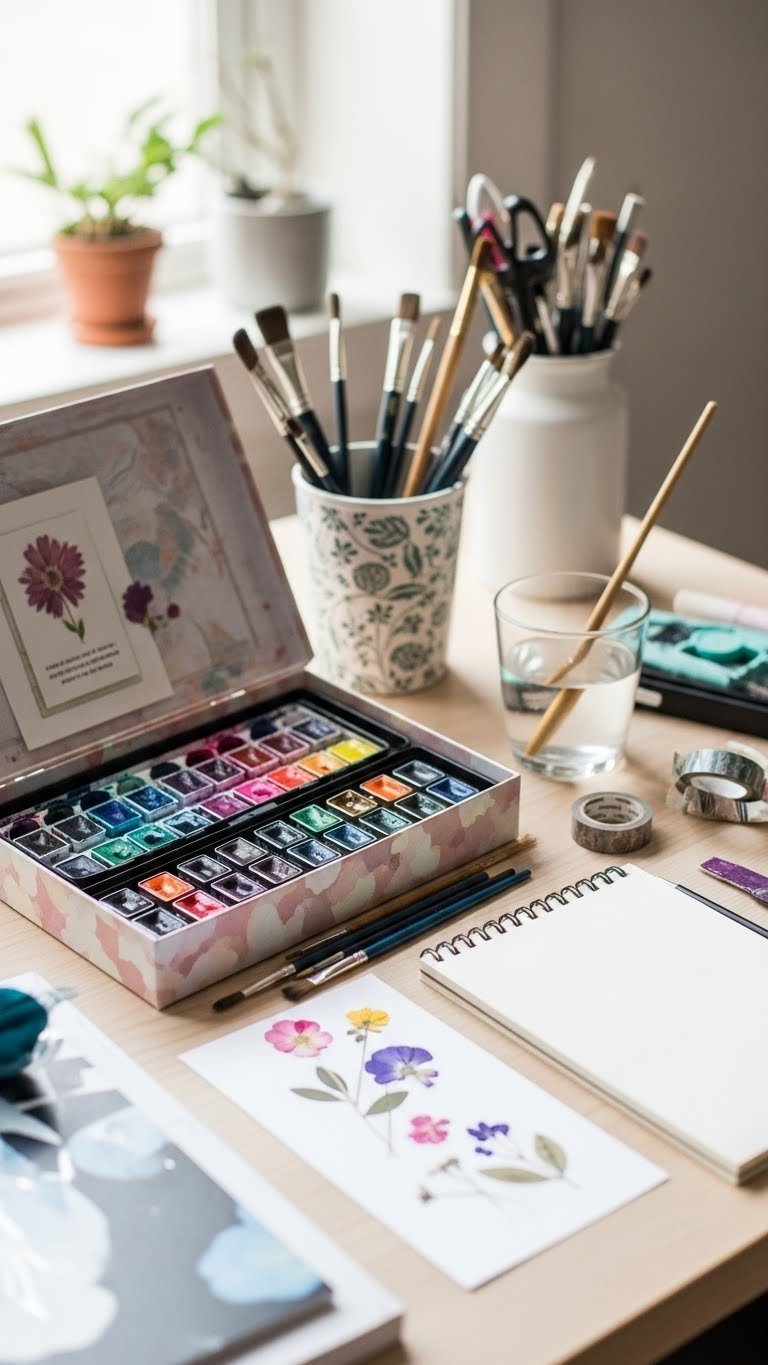 DIY craft kit with vibrant watercolor paints, fine brushes, blank sketchbook, and pressed flowers for creative sister