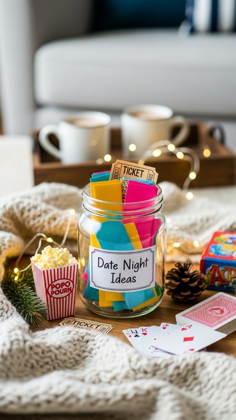DIY date night jar with colorful paper slips on cozy blanket with fairy lights and mugs