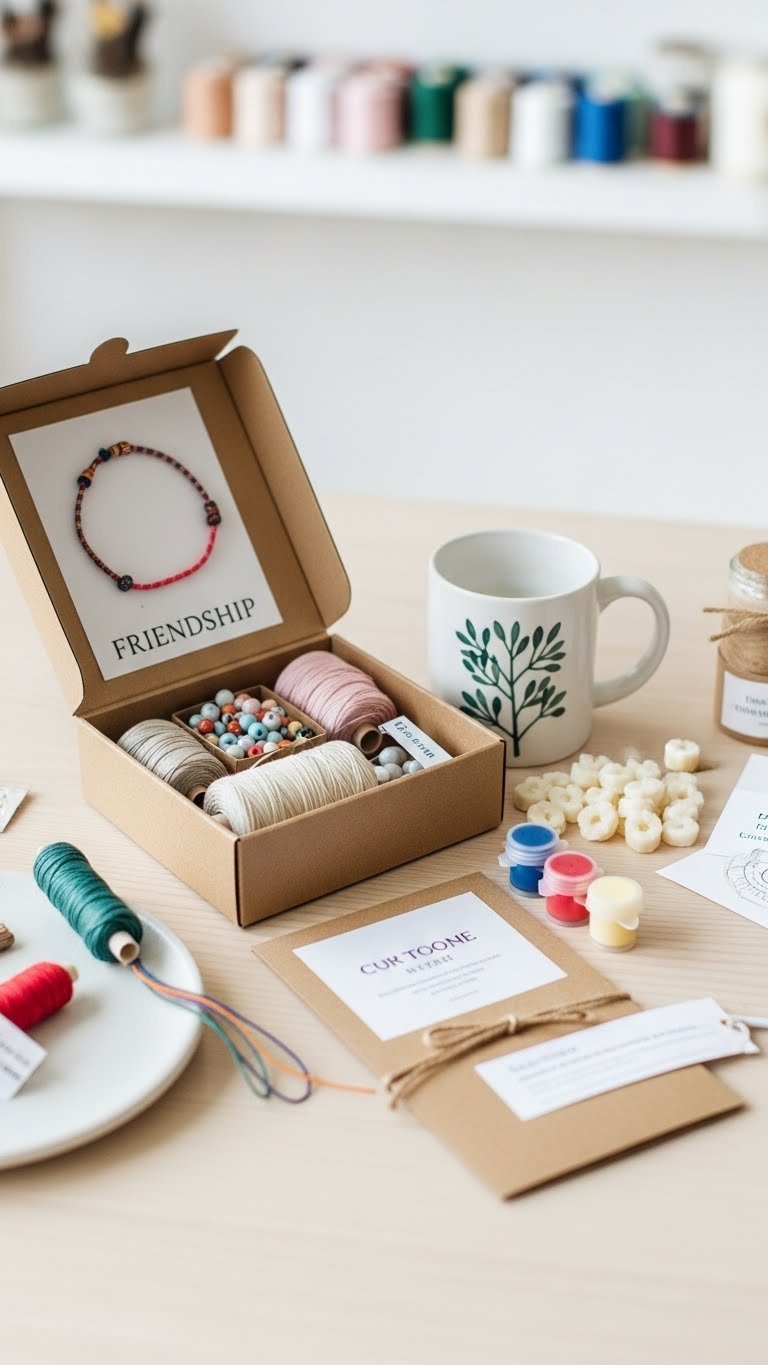 DIY friendship craft kit with colorful threads and beads neatly organized on light wooden surface