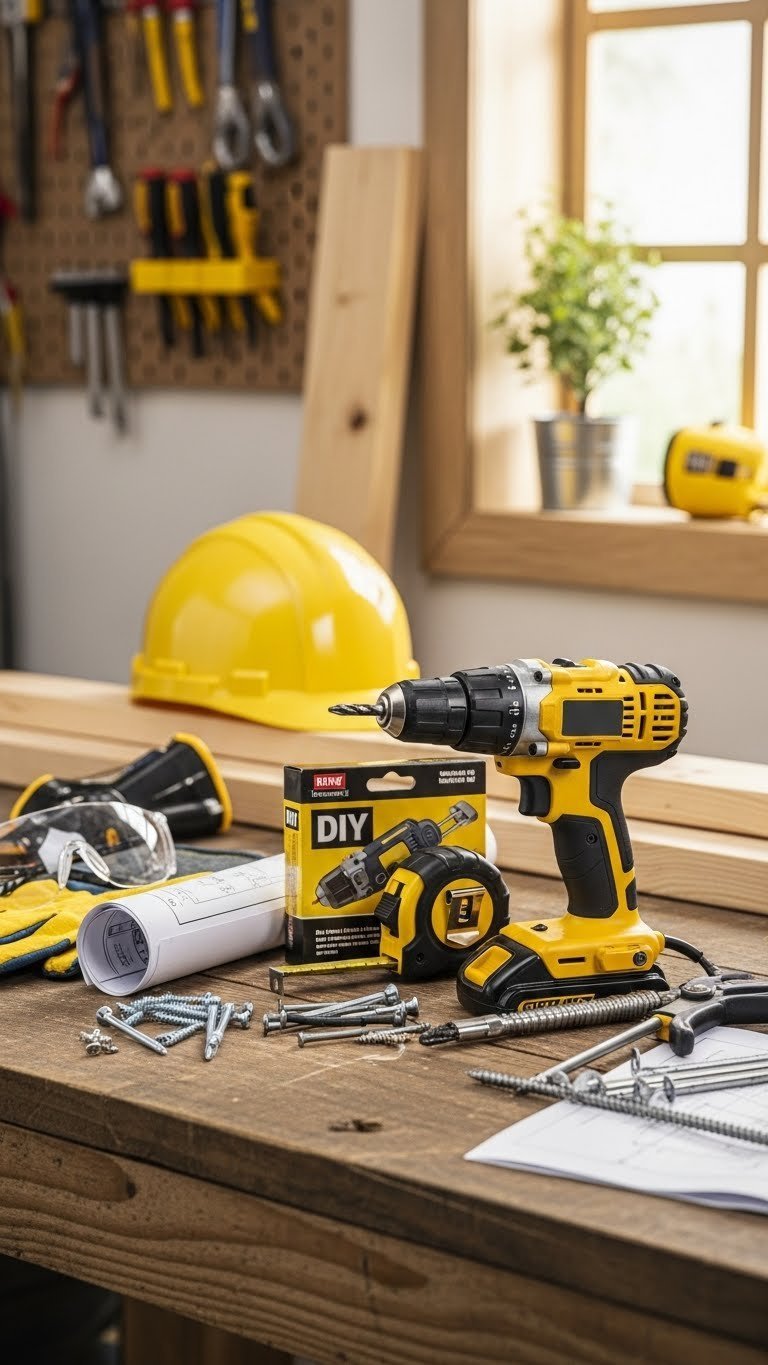 DIY home project gift basket filled with cordless drill, tape measure, and hardware on rugged wooden workbench with workshop background