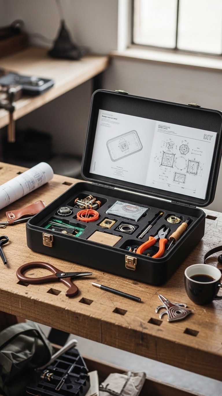 DIY leather craft kit with tools and components neatly arranged on wooden workbench for creative project