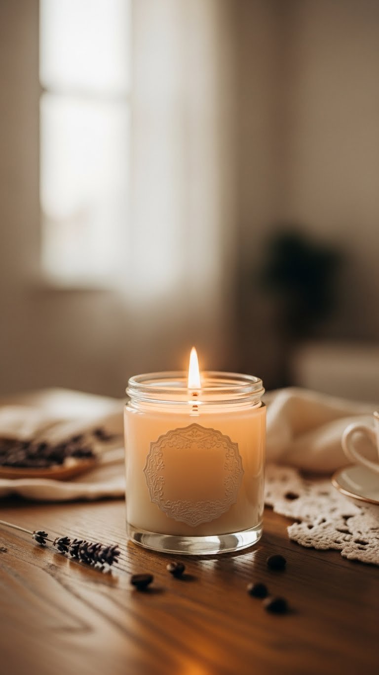 DIY scented soy candle burning with warm flame in clear glass jar on rustic wooden table with lavender sprig and soft bokeh background.